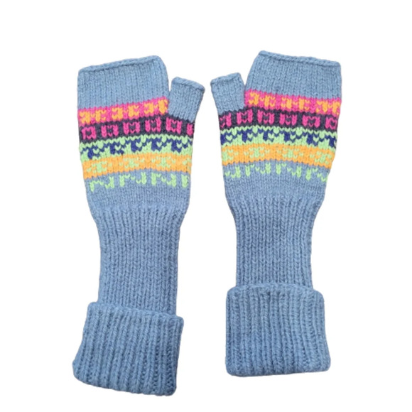 Artesania Blue Geometric Print 100% Alpaca Wool Knit Fingerless Mittens - Picture 1 of 6